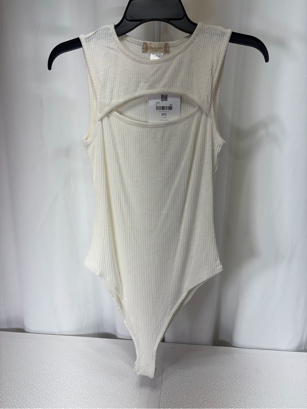 Altar'd State Ivory Ribbed Sleeveless Bodysuit with Cutout Front 4216
